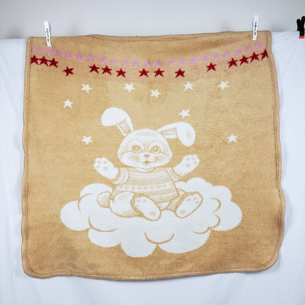 Vintage San Marcos Baby Blanket Bunny Cloud Stars Reversible Rabbit Tan White